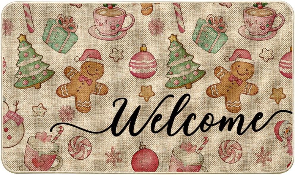 Artoid Mode Candy Gingerbread Man Welcome Christmas Doormat, Winter Low-Profile Switch Rug Home Decor Door Mat Floor Mat for Outdoor Indoor 17x29 Inch
