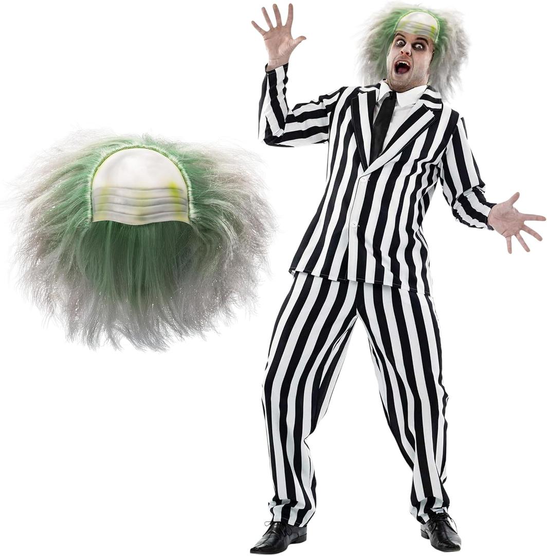 Fun Shack Black and White Striped Suit Men Costume With Wig, Spooky Halloween Costumes, Halloween Costumes for men (X-Large)