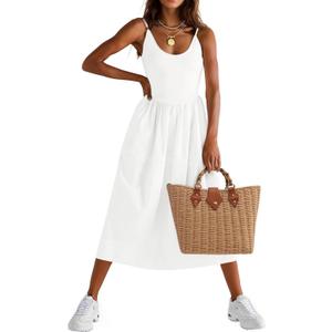 Fisoew Womens Spaghetti Strap Dress V Neck Backless Summer Casual A Line Cami Dress with Pocket (White) S/M