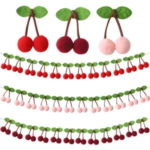3 Pack Cherry Garland Decoration, Cherry Birthday Garland Banner, Wall Hanging Home Room Decor, for Bedroom, Nursery Room, Dorm Decor, Wedding, Party (Red, Pink and Wine Red)