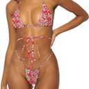 Women Halter String Bikini Set Sexy Thong Cheeky Two Piece Swimsuits Solid Color Bathing Swimwear (Small, Red Flower)