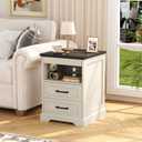 Yusong Farmhouse Night Stand with Gun Drawer & Invisible Lock, 25" Tall Bedside Table with Charging Station, End Table with Open Shelf for Bedroom Room (Black) (White-Black), 18.11" W x 18.11" L x 24.79" H