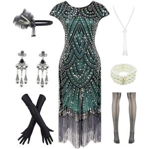 Letter Love Womens Vintage Lace Fringed Gatsby 1920s Cocktail Dress with 20s Accessories Set, XL
