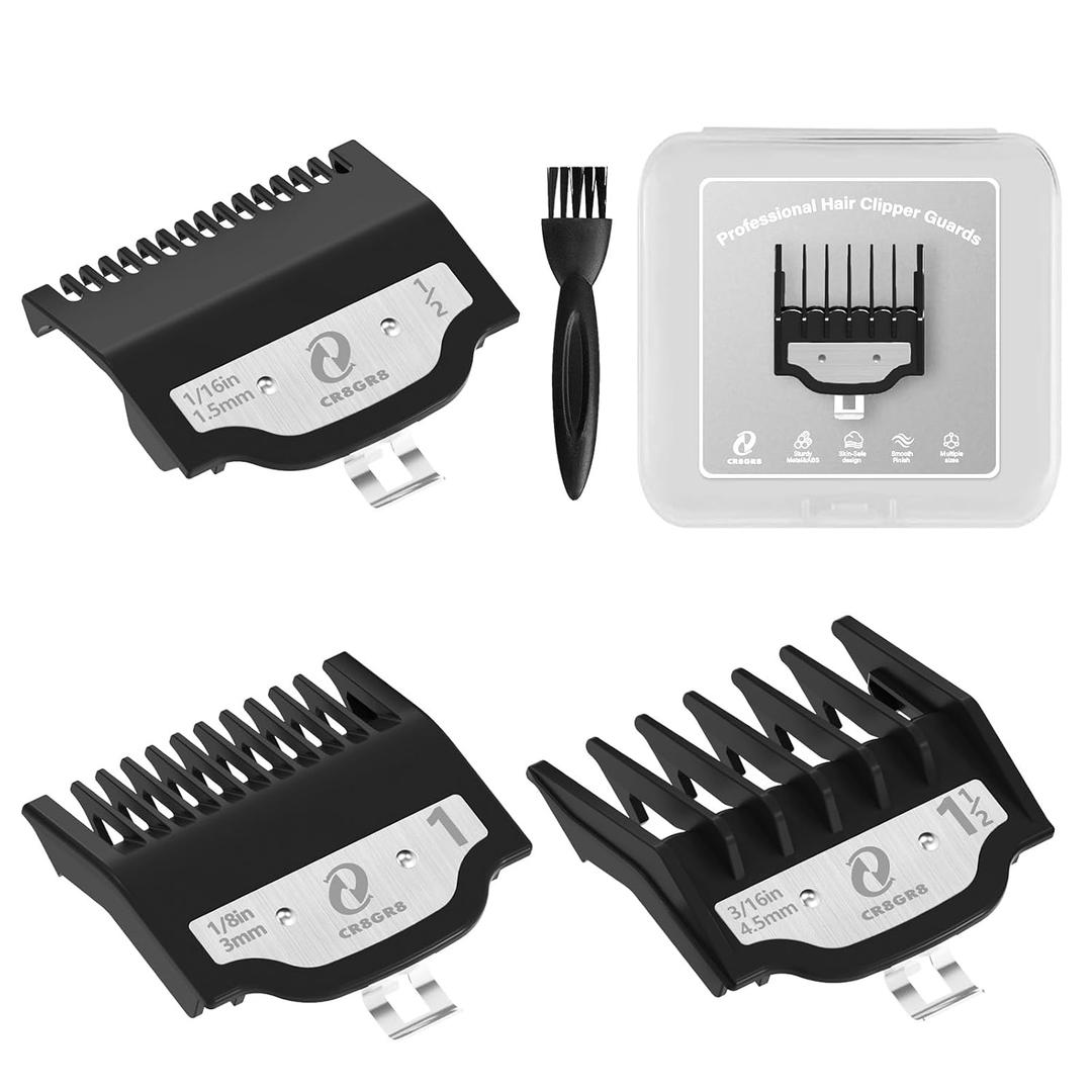 CR8GR8 Clipper Guards Set, Compatible with Wahl Hair Clippers, Guard Number: #1/2, #1, #1 1/2 (Length: 1/16", 1/8", 3/16") (Black)