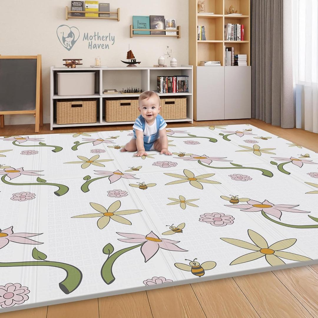 79x71 Foldable Baby Play Mat for Floor, Extra Large Reversible Foam Play Mat for Babies 6-12 Months, Waterproof Portable Foam PlayMat for Tummy Time for Toddler - Flower and Bees