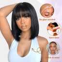 Bob Wig with Bangs Human Hair HD Lace Hairline Short Black Bob Wigs Wear and Go Glueless Wigs for Black Women 200% Density 10Inch