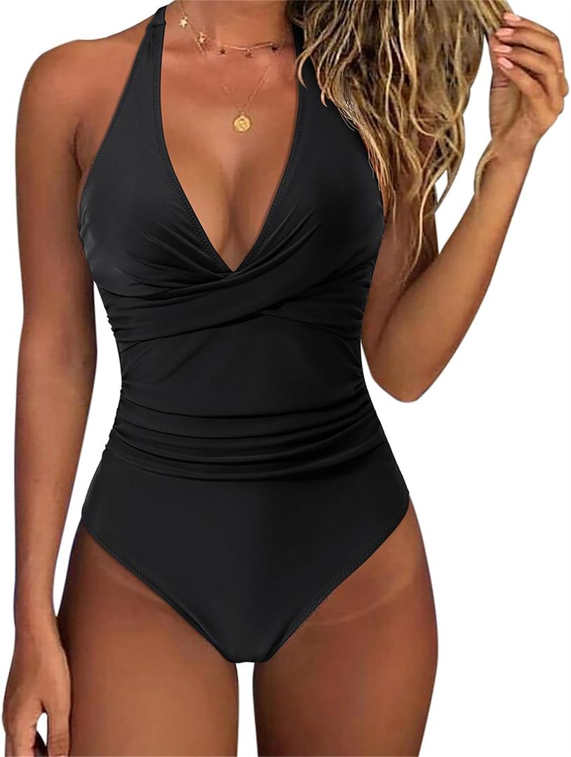 SUUKSESS Women Sexy Tummy Control One Piece Swimsuits Halter Push Up Bathing Suits (Large, Black)
