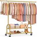 EAGMAK Heavy Duty Clothes Rack for Hanging Clothes Load 556 LBS, Height Adjustable Rolling Clothing Racks, Portable Metal Coat Rack Garment Wardrobe with Wheels and Shelves for Bedroom Laundry, Gold