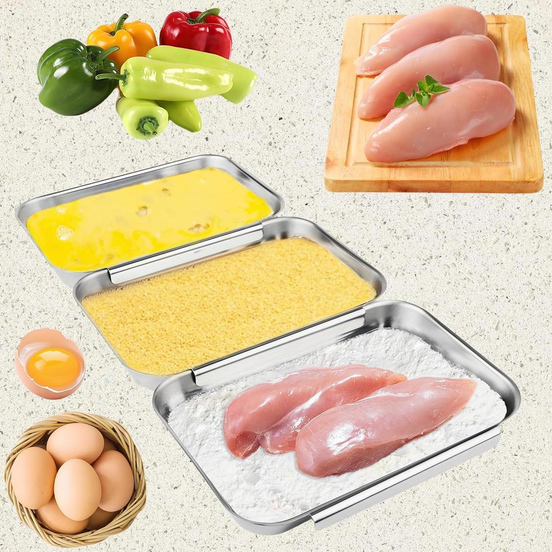 3-Piece Stainless Steel Breading Set  Interlocking Coating Trays for Chicken, Fish, Meat | Non-Slip, Dishwasher Safe, Oven Safe | Stackable Space-Saving Design for Flour, Egg, Breadcrumbs