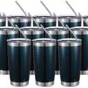 COMOOO 20oz Double Wall Vacuum Insulated Travel Mug Bulk Stainless Steel Tumbler with Lid and Straw Durable Powder Coated Insulated Coffee Cup for Cold & Hot Drinks (Peacock blue, 12 pack）