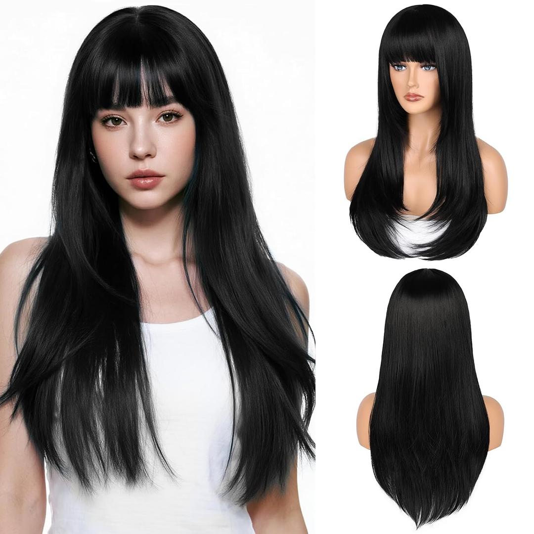 Wig with Bangs Long Straight Wig for Women, Layered Heat Resistant Synthetic Wigs for Daily and Party Use(Black, 26 Inch)