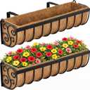 VOXOR Railing Planter Boxes, 24 Inch Window Boxes Planters, Balcony Planters with Adjustable Brackets & Coco Liner & Support Rod for Outdoor Fence, Deck, Porch, and Patio Gardening, 2 Pack