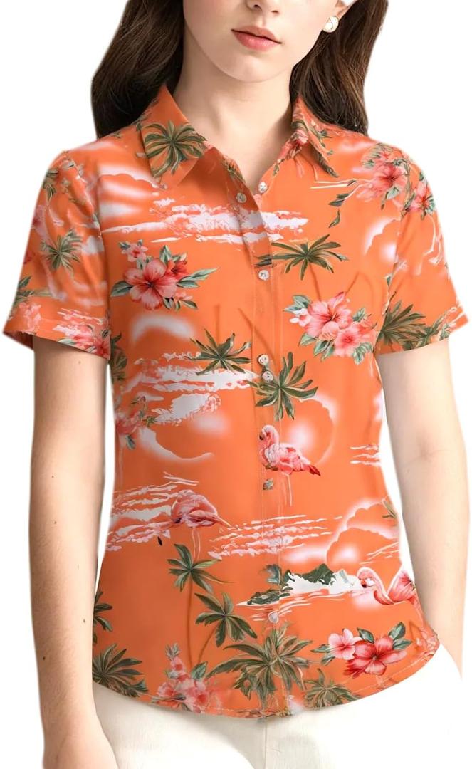 SSLR Big Girls Hawaiian Shirt Beach Tropical Summer Casual Short Sleeve Button Down Shirt (Orange, S)