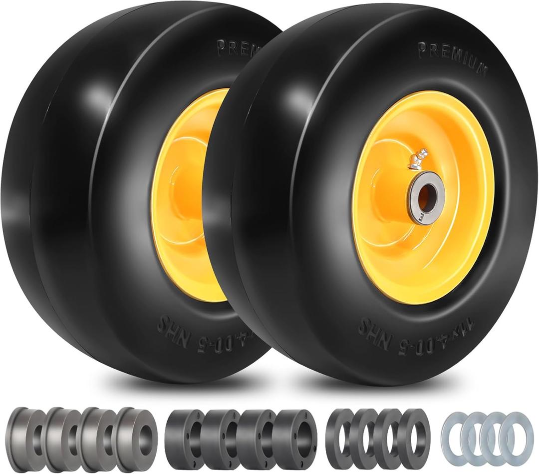 11x4.00-5" Lawn Mower Tire Flat Free Smooth Tires with 3/4" or 5/8" Bushings, 3.4"-5" Centered Hub Universal fit Lawn Mowers Zero Turn Front Tires with Universal Adapter Kit