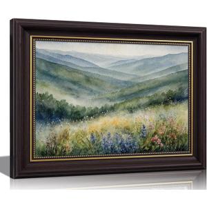 Dark Brown Framed Appalachian Mountains Wall Art Nature Landscape Canvas Print Spring Wildflowers Hills Poster Picture for Living Room Bedroom Office Wall Decor 24x16in Ready to Hang