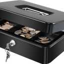 KYODOLED Large Cash Box with Removable Money Tray, Key Lock Metal Storage Box with 2 Keys & Portable Handle, Safe Cash Drawer, 9.84"x 7.87"x 3.54", Black Large