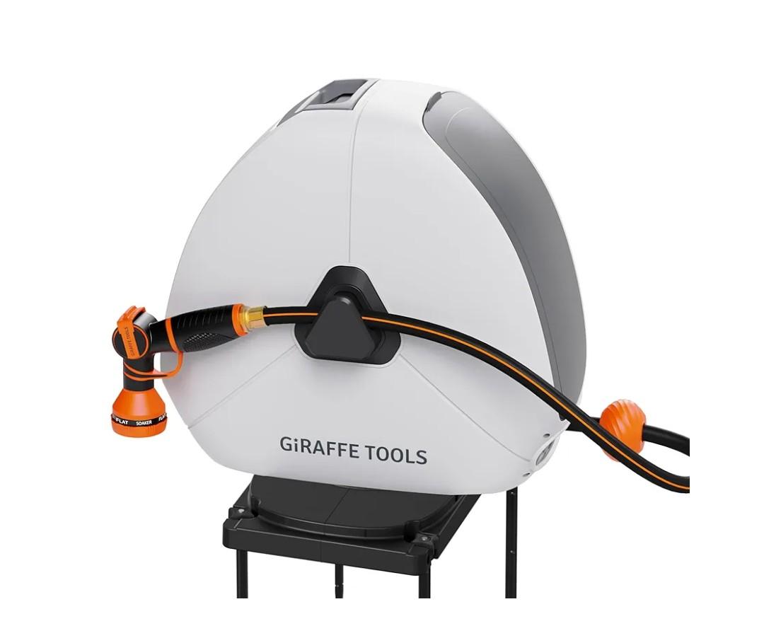 Giraffe Tools Ground Mounted Retractable Hose Reel 5/8 Inch x 92FT, Heavy Duty Automatic Rewind Garden Hose Reel, with Flexible Swivel Base for Lawn, Concrete Floor
