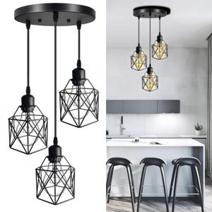 Industrial Pendant Light 3-Light,Adjustable Hanging Light Fixtures,Vintage Farmhouse Pendant Light with Metal Caged for Kitchen Dining Room Hallway,E26 Base,Black