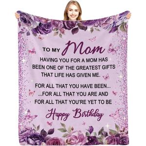 Happy Birthday Mom Blanket - Mom Birthday Gifts Purple, Birthday Gifts for Moms, Moms Gift from Daughter Son, Birthdays Present for Mama Mother, Mother Birthdays Throw Blanket, 60"x50"
