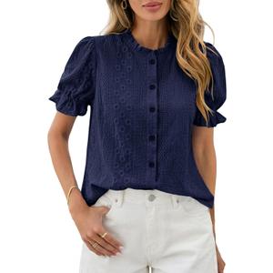 PRETTYGARDEN Womens Puff Short Sleeve Tops 2026 Summer Spring Button Down Boho Embroidered Cute Blouse Dressy Casual Shirts (Blue, L)