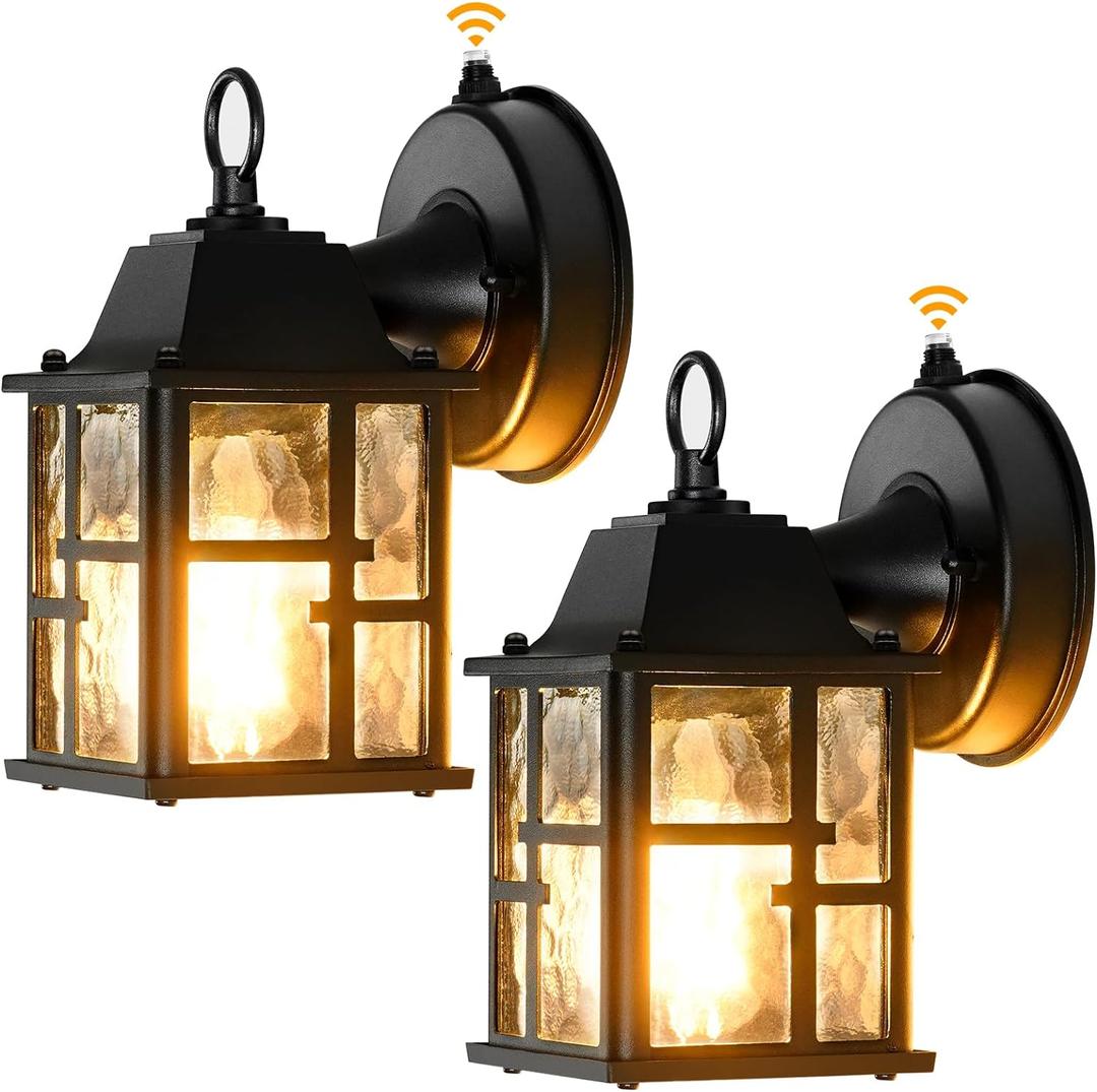 OKELI Dusk to Dawn Outdoor Wall Lights, Exterior Waterproof Lantern, Front Porch Sconce Lighting with Water Ripple Glass Shade, Mini Anti-Rust Wall Lamps Outside Lights for House Garage (2 Pack) (8.5")
