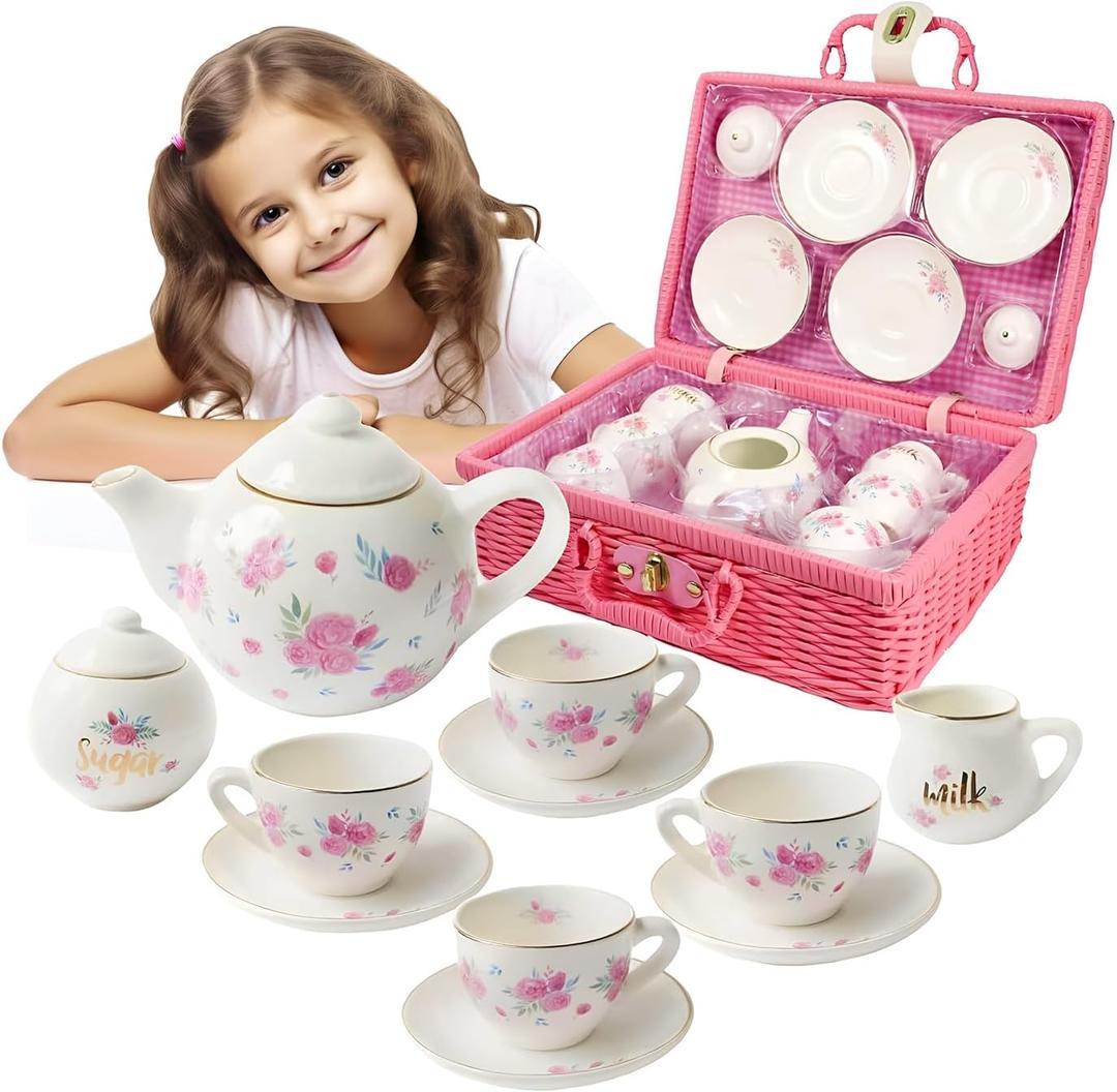 Porcelain Tea Set for Girls - Pink Ceramic Tea Cups with Pink Box - Glass Toy for Kids Party - Ideal Gift for Toddlers and Children's Ages 3 Years Old - Floral Design, 13 Pieces