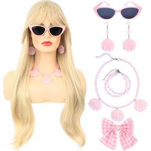 morvally Long Blonde Wig with Bangs for Women Wavy Synthetic Hair Wigs Cosplay Costume Halloween Party Daily Wear Including Shell Necklace Bracelets Earrings Sunglasses and Bow Hair Clip