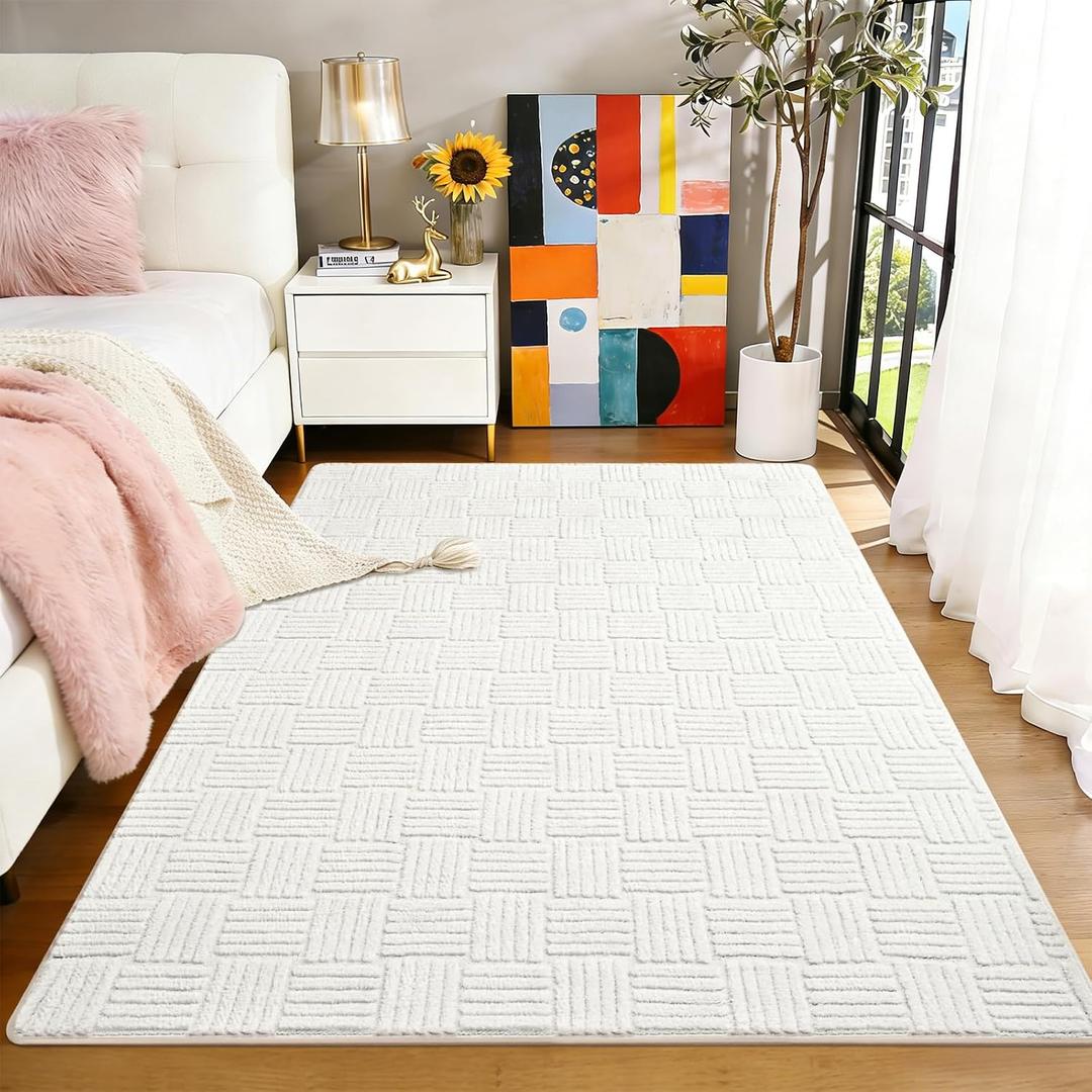 3x5 White Washable Shag Area Rug for Girls Bedroom, Modern Geometric Non Slip Living Room Rugs, Soft Carpet for Kids Room, Dorm, Office, Bedside, Entryway and Home Decor