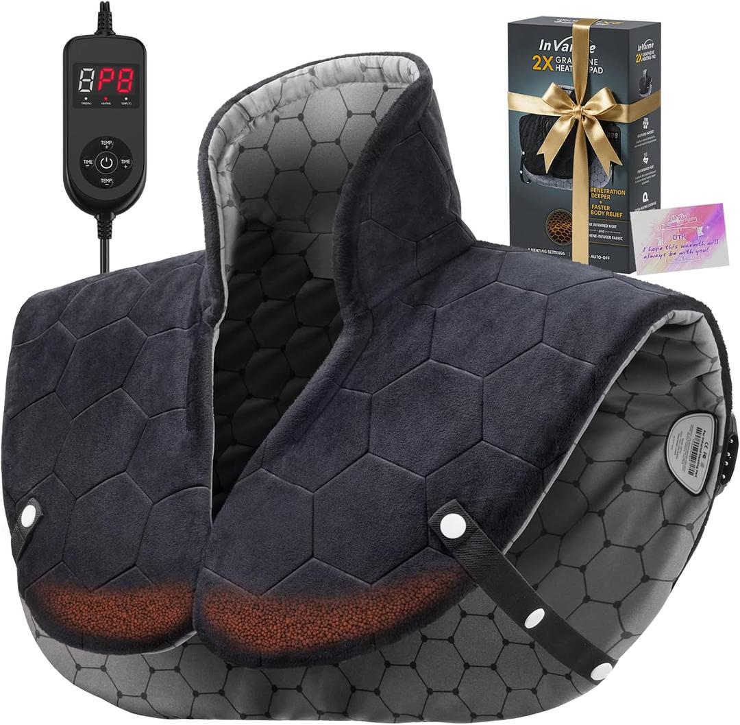 Neck and Shoulder Heating Pad: 2X Graphene Extra Hot Max 160 for Faster Deeper Pain Relief - 4H Auto Shut Off for Home Office Use - Machine Washable - Gifts for Dad Grandpa Husband (Black)