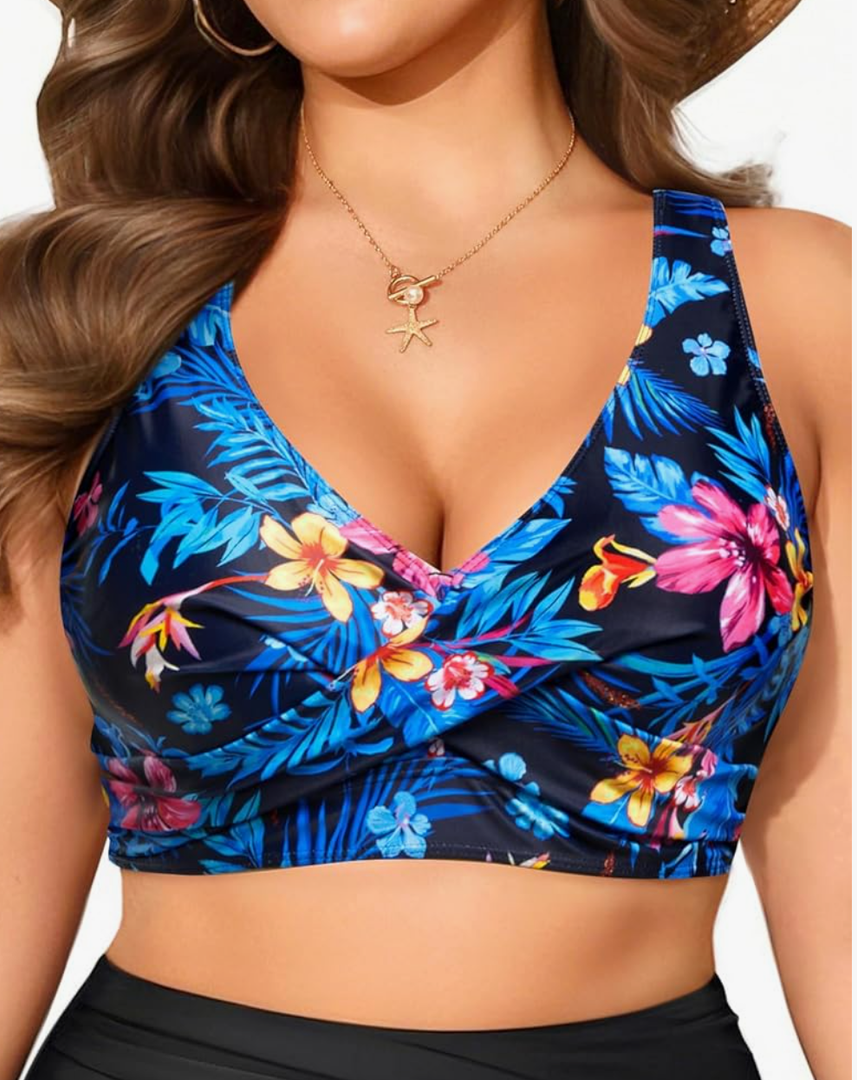 Women Plus Size Bikini Top - Twist Front Swimsuit Top Push Up Full Coverage Bathing Suit 2025 Swim Bra for Large Bust, size 30, Color: Blue Flower