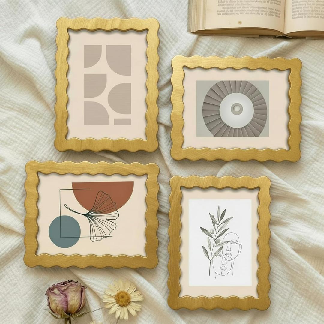 Novabright 4 Set 5 x 7 Wavy Picture Frame with Mat Scalloped Wavy Edge Wooden Photo Frames with Real Glass - Wall Mount and Tabletop Display for Home Decor Wedding Gifts, Golden