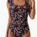 B2prity Womens One Piece Swimsuit Retro Square Neck Tummy Control Bathing Suits Ruched Modest Full Coverage Swimwear, Large