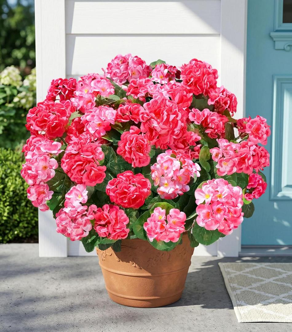 Fake Geraniums Artificial Flowers for Outdoors, 6 Bundles Silk Geraniums Flowers Realistic UV Resistant Fake Plants Faux Flowers for Outside Planters Front Door Garden Balcony Yard Porch Indoor, Mix