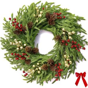 26" Norfolk Pine Wreath, Large Greenery Wreath for Front Door, Green Year Round Real Touch Artificial Greenery Wreath for Wall Porch Rustic Farmhouse Home Decor, with Lights, Red Bow, FF10