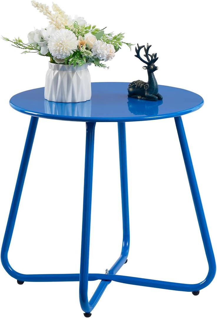 HollyHOME Round Metal Side Table, Rust-Resistant Patio Small Plant Stand, Outdoor 17.32'' Portable End Table for Balconies, Gardens, Living Rooms and Bedrooms, Deep SkyBlue