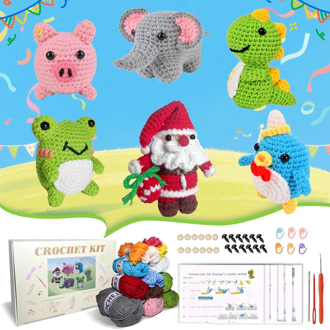 Alutaba 6Pcs Crochet Kit for Beginners, Crochet Animal Kits for Adults with Step by Step Videos Tutorials, Knitting Kit for Crochet Lovers Great Birthday Holiday Gift, DIY Handmade Gifts (Set-4)