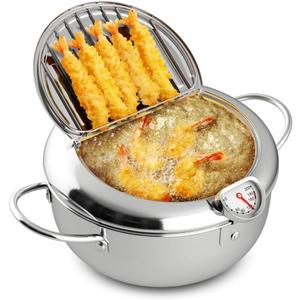 Deep Fryer Pot,4.2 L, 304 Stainless Steel with Temperature Control and Oil Drip Drainer Rack, for Kitchen French Fries, Chicken etc - Janpanese Style Tempura Frying Pot with Lid
