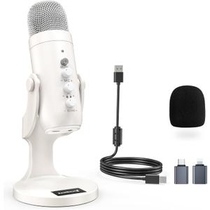 ZealSound USB Microphone,Quick Mute Noise Cancel for Phone Computer PC PS5,Gaming Microphone with Gain Control,Echo Monitor Volume Adjust for Streaming Vocal Recording ASMR Podcast Video K66 White