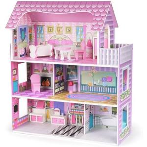 Wooden Dollhouse for Girls, 3-Story Doll House Playset with Furniture & Accessories, Large DIY Wooden Pink House for Kids, Pretend Play Dollhouse Kit, for Toddlers & Girls
