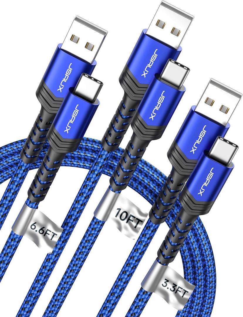 JSAUX USB C Cable Fast Charging 3-Pack(10ft+6.6ft+3.3ft), iPhone 16 Charger USB A to Type C Charge Cord for iPhone 16/16 Pro/16 Pro Max/16e/15, Samsung Galaxy S23 S22 S20, Note 20, USB C Charger(Blue)