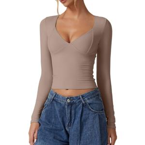 QINSEN Women's Long Sleeve V Neck T Shirts Double Lined Crop Top Seamed Cup Going Out Tops (Medium)