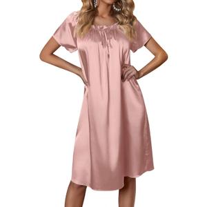 Ekouaer Women's Satin Silk Pleated Nightgown Loose Sleepwear Printed Nightshirt Short Sleeve Sleep Dress (Large, Pink)