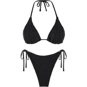 ZAFUL Bikini Sets for Women Halter Two Piece Swimsuit Ribbed High Cut Tie Side Thong Bathing Suit Sexy Padded Swimwear (Black, L)