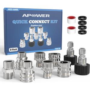 Pressure Washer Quick Connect Kit, M22-14mm to 3/8" Male Female Quick Disconnect Kit for Power Washer, 3/4 Inch Hose Fittings Adapter Set, Stainless Steel, 9 Set