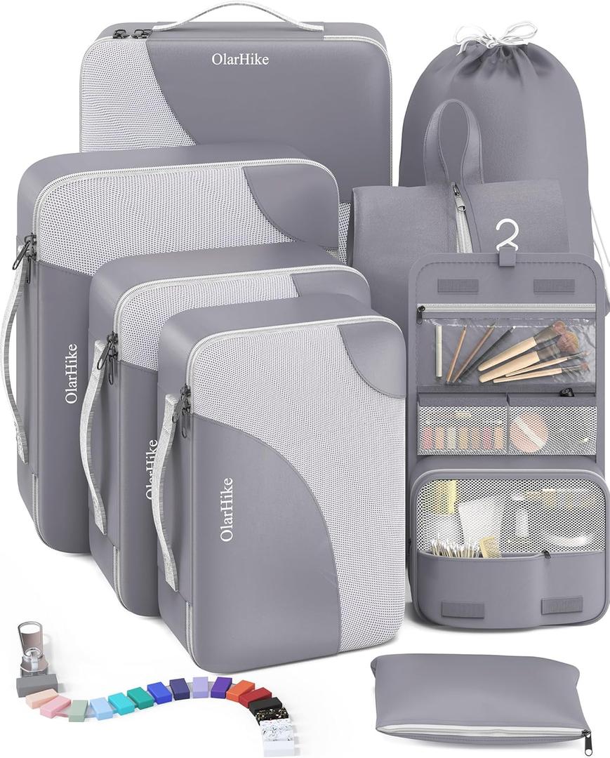 OlarHike 8 Set Packing Cubes for Travel, Sturdy Suitcase Organizer in 4 Sizes (Extra Large, Large, Medium, Small), OlarHike Luggage Cubes with Toiletry Bag, Cruise Ship Gifts for Men (Grey) (8 set (Short-Term Trip))