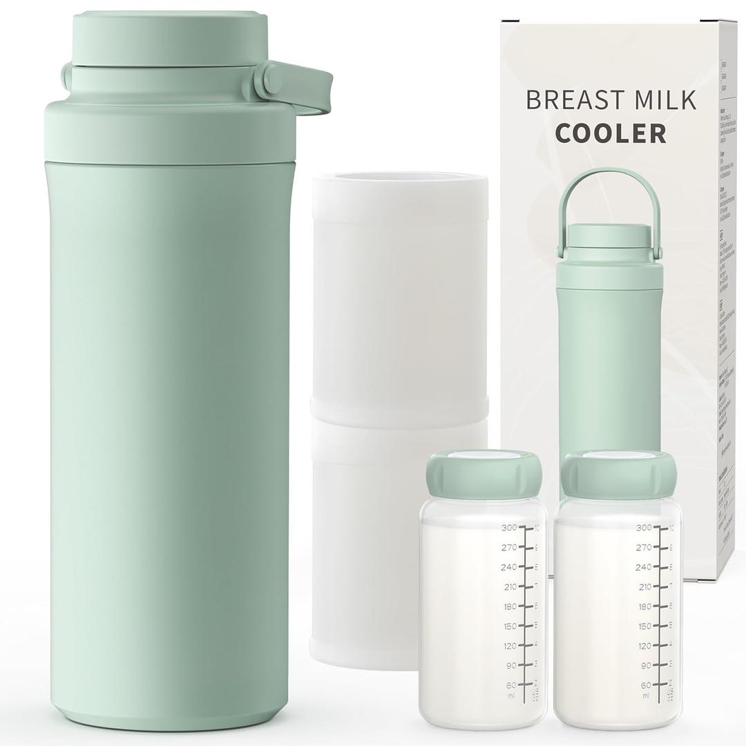 Xaproo 22oz Breast Milk Cooler Bottle, Portable Milk Cooler for Breastmilk with 360Cooling for 24 Hours, Millk Chiller with 2pcs Baby Bottles, Breastmilk Storage Bags for Baby, BPA-Free (Green)
