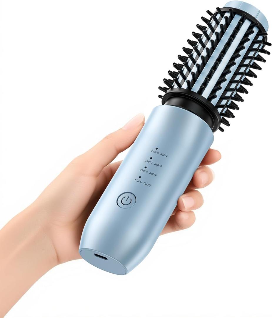 CARESKY Cordless Curling Iron Brush, 1.5 Inch Mini Travel Hair Curler with 200 Million Negative Ions, Portable Heated Round Straightener Brush Rechargeable for Curl, Touch-Up (Serene Blue)