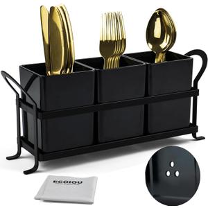 ECOIOU Cutlery Holder with Drain Holes, Dishwasher Safe Silverware Caddy for Party, Kitchen Counter, 3pcs Bins Set Countertop Utensil Holder for Spoons, Forks and Knives, Black