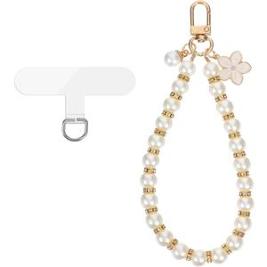 Pearl Phone Strap, Detachable Beaded Cell Phone Wrist Strap, Lanyard Wristlet Keychain Charms for Women - Cute Beaded Chain Bracelet with Clear Tether Tabs