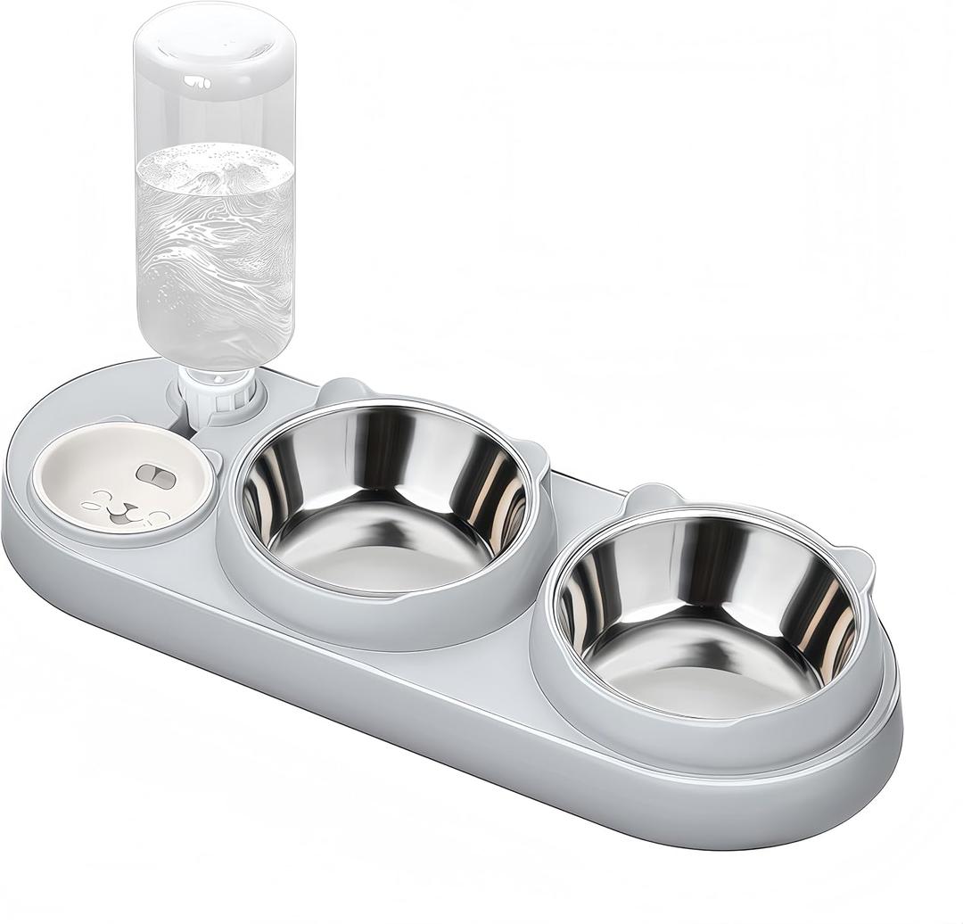 Marchul 3 in 1 Cat Bowl, Cat Food and Water Bowl Set with Water Dispenser and Stainless Steel Bowls, 15 Tilted Pet Raised Three Bowls for Indoor Cats, Small or Medium Sized Dogs